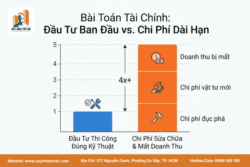 Biểu đồ so sánh chi phí cho thấy thi công đúng kỹ thuật ngay từ đầu giúp tiết kiệm gấp 3-5 lần so với sửa chữa sau này.