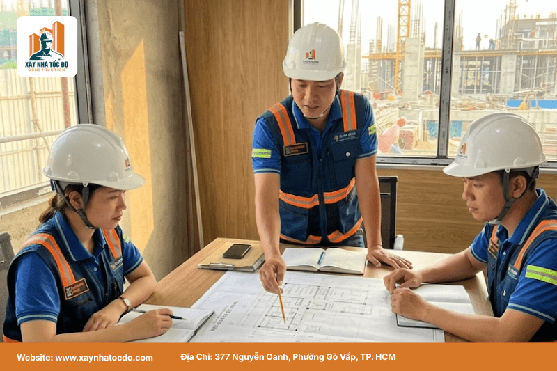 Kỹ sư của nhà thầu đồng hành đang họp bàn trên bản vẽ, thể hiện vai trò nhạc trưởng.