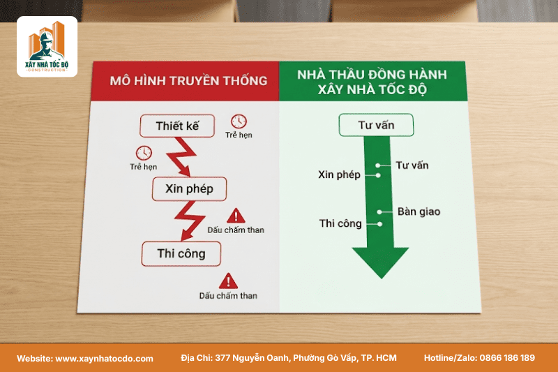Sơ đồ so sánh quy trình làm việc của một nhà thầu đồng hành so với nhà thầu thi công đơn lẻ.