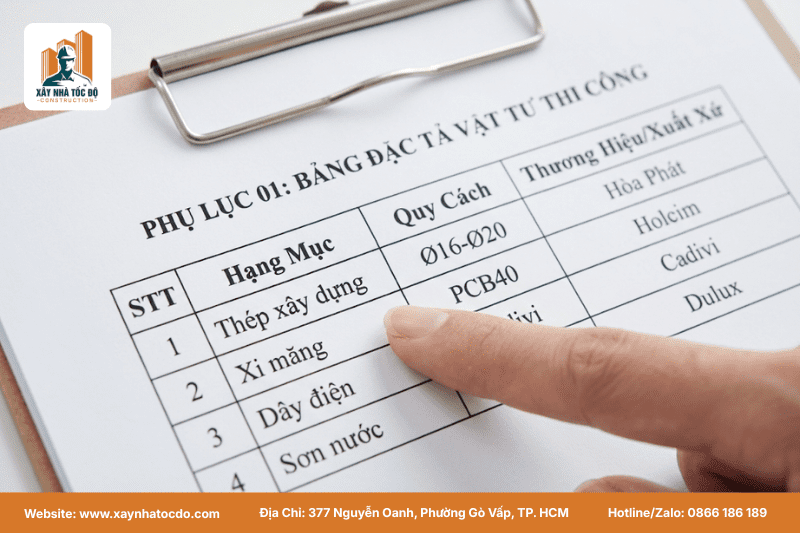 Phụ lục vật tư chi tiết trong hợp đồng xây nhà trọn gói uy tín.