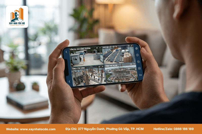 Giám sát công trình xây nhà trọn gói 24/7 qua camera và báo cáo hàng ngày.