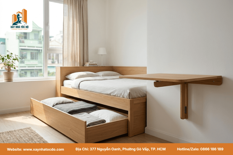 Thiết kế CHDV thông minh bao gồm cả nội thất thông minh như giường có ngăn kéo giúp tối ưu không gian và giảm thời gian vệ sinh.
