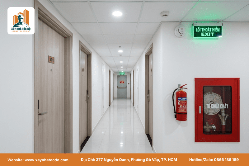 Đảm bảo lối thoát hiểm thông thoáng và hệ thống PCCC đúng chuẩn là điểm cộng lớn cho thiết kế CHDV thông minh của Anh chị.