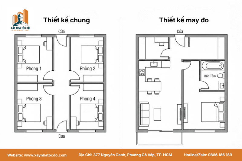So sánh mặt bằng tầng điển hình giữa thiết kế chung chung và thiết kế may đo, cho thấy sự khác biệt về công năng và số lượng phòng.