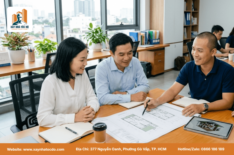Đội ngũ kỹ sư Xây Nhà Tốc Độ tư vấn giải pháp thiết kế theo đất cho một chủ đầu tư CHDV, thể hiện sự chuyên nghiệp và tận tâm.
