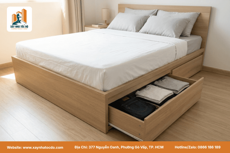 Nội thất cho phòng nhỏ 18m2: Giường thông minh có ngăn kéo là giải pháp tối ưu không gian.