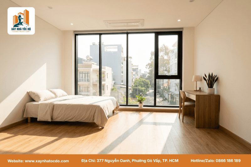 Thiết kế phòng 18m2 tận dụng ánh sáng tự nhiên từ cửa sổ lớn để mở rộng không gian.