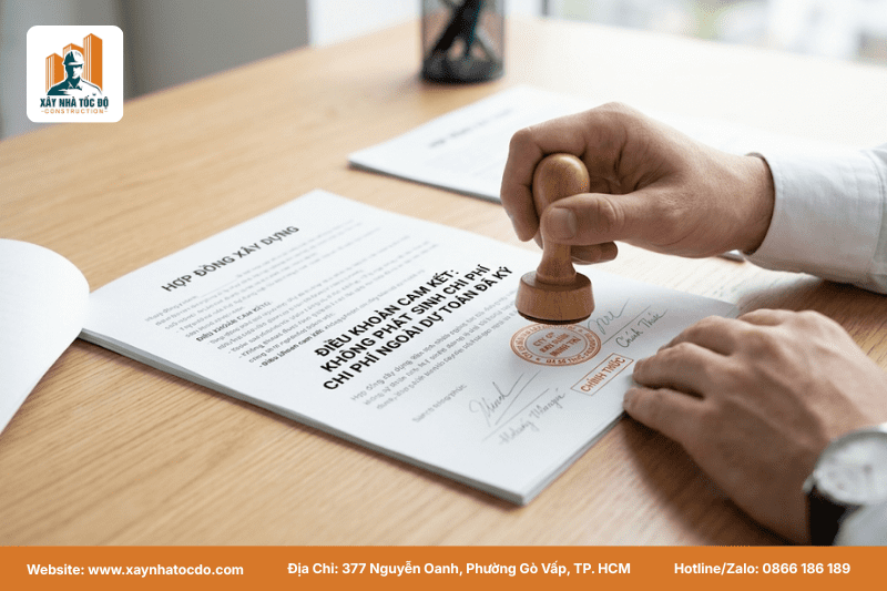 Hình ảnh hợp đồng từ nhà thầu xây dựng uy tín với cam kết không phát sinh chi phí được đóng dấu.
