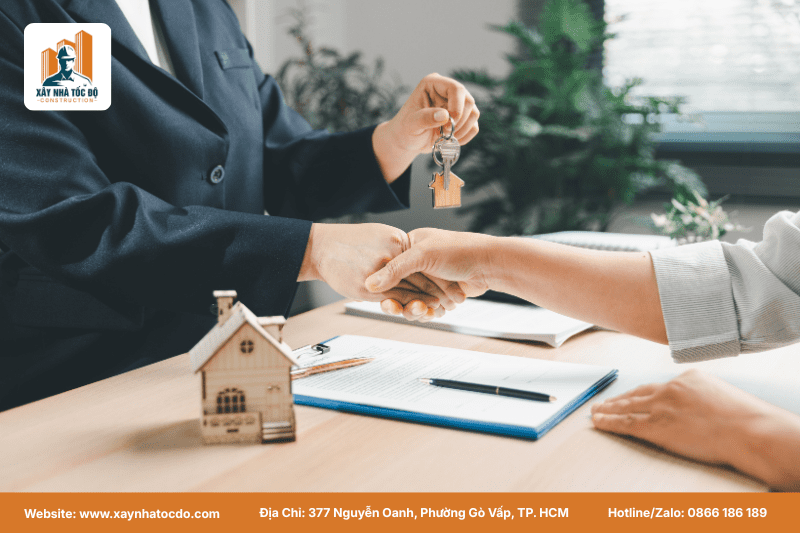 Chủ đầu tư nhận chìa khóa từ nhà thầu xây dựng uy tín trước tòa nhà CHDV vừa hoàn thiện, sẵn sàng khai thác.