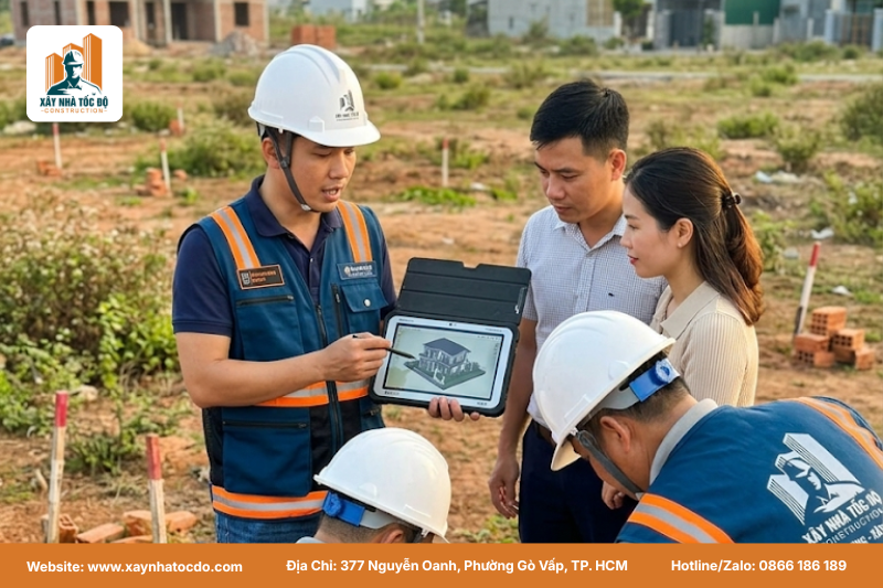 Đội ngũ Xây Nhà Tốc Độ khảo sát thực tế khu đất khó xây dựng cùng chủ đầu tư.