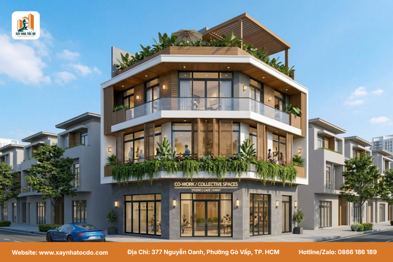 Phối cảnh 3D mẫu thiết kế nhà ở kết hợp kinh doanh với không gian mở linh hoạt cho quán cà phê.