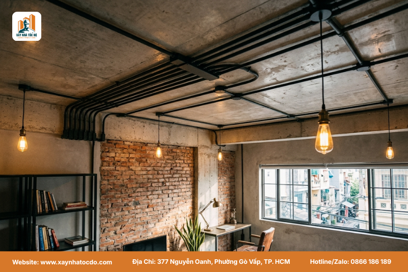 So sánh trần thạch cao và trần bê tông, phong cách industrial của trần thô rất độc đáo.