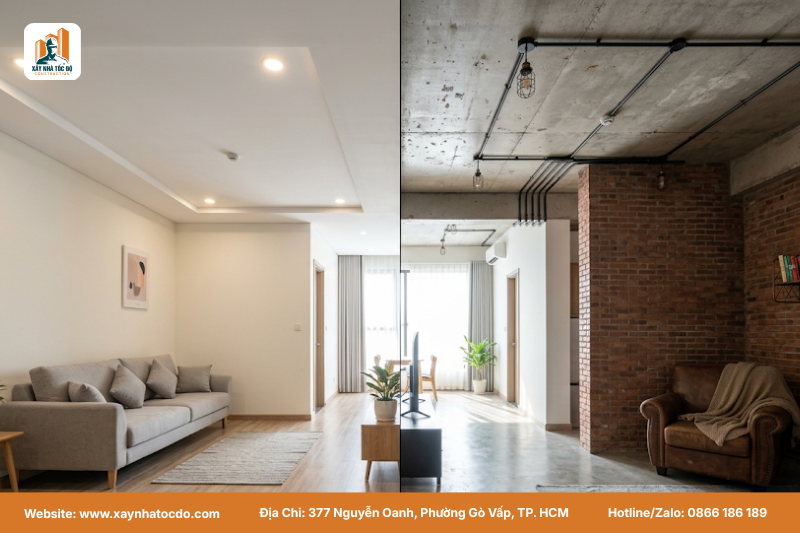 So sánh trần thạch cao và trần bê tông để thấy sự khác biệt về thẩm mỹ và phong cách.