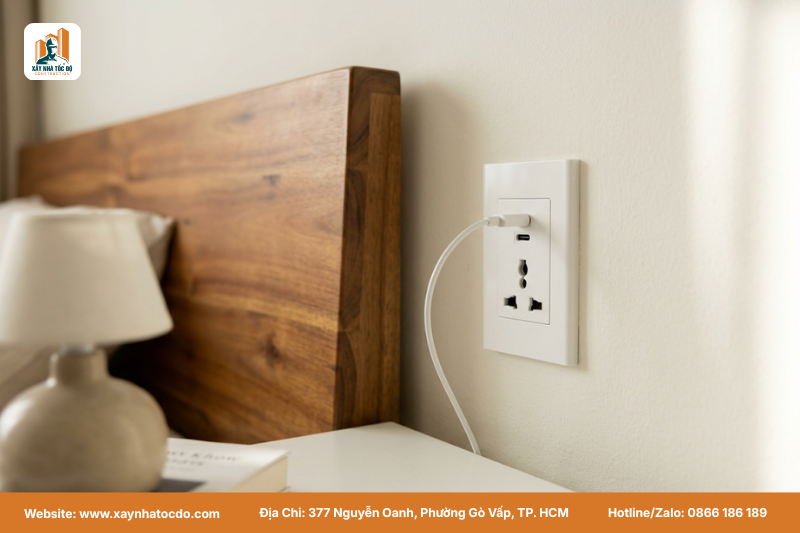 Ổ cắm thông minh tích hợp USB-C trong phòng ngủ được thiết kế âm tường theo phong cách nội thất tối giản 2026.