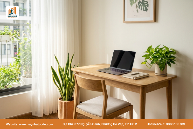 Góc làm việc ngập tràn ánh sáng với cây xanh, một ứng dụng của xu hướng nội thất tối giản 2026.