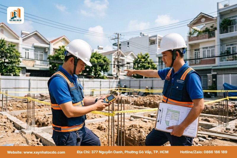Kỹ sư Xây Nhà Tốc Độ khảo sát hiện trạng công trình và tư vấn PCCC, chuẩn bị cho bước lên ý tưởng bản vẽ 3D.