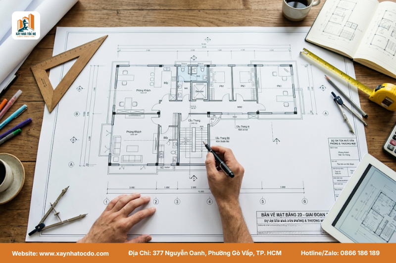 Bản vẽ mặt bằng 2D cho CHDV, thể hiện cách bố trí phòng và luồng giao thông khoa học trước khi lên bản vẽ 3D.