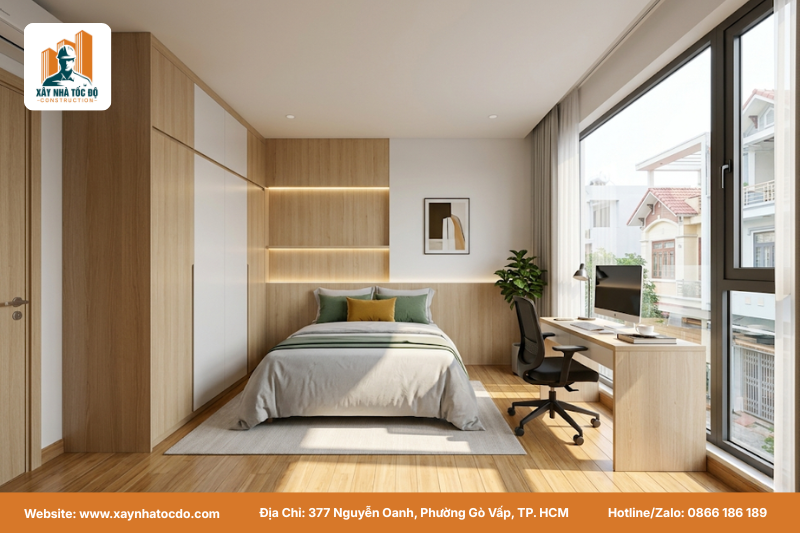 Bản vẽ 3D phòng ngủ CHDV hiện đại, cho thấy cách bố trí nội thất tối ưu không gian trước khi thi công.