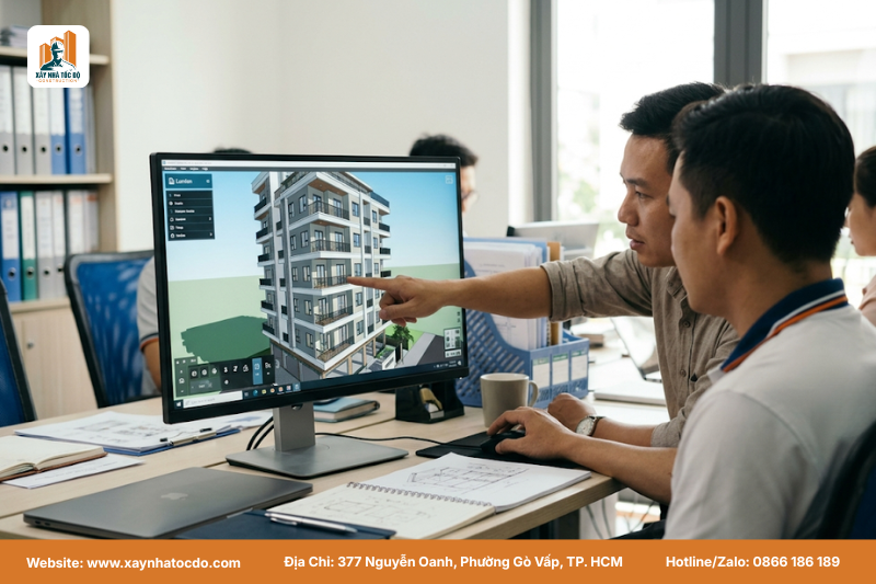 Bản vẽ 3D mô phỏng chi tiết vật liệu gạch, gỗ và ánh sáng tự nhiên trong căn hộ dịch vụ.
