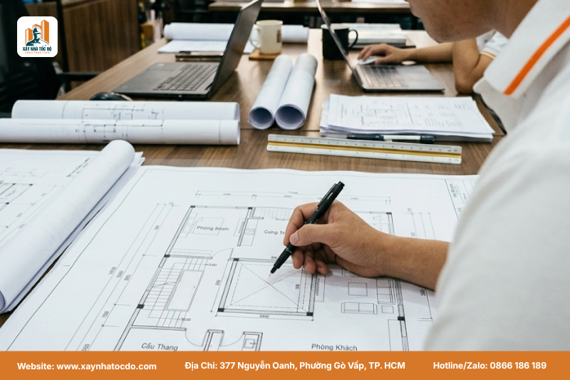 Kiến trúc sư của Xây Nhà Tốc Độ tư vấn phong thủy trong xây dựng bằng cách chỉ vào bản vẽ bố trí giếng trời hợp lý.