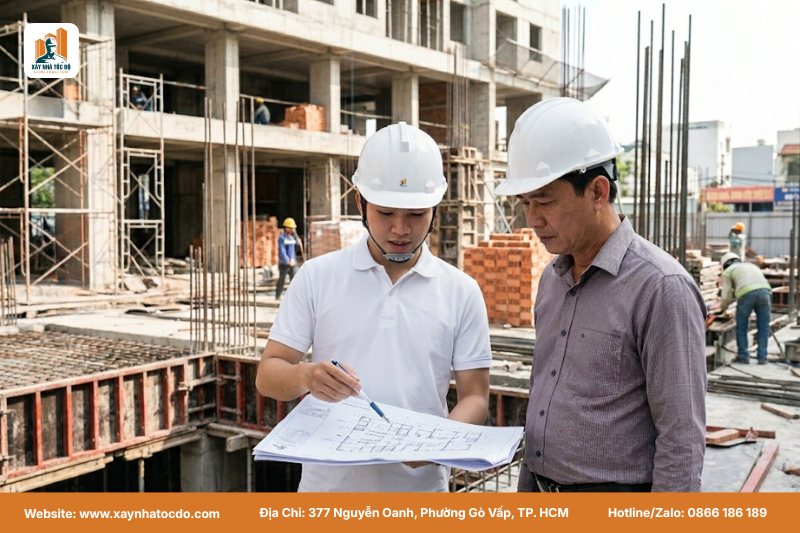 Kỹ sư Xây Nhà Tốc Độ giải thích bản vẽ áp dụng nguyên tắc phong thủy trong xây dựng cho chủ đầu tư.