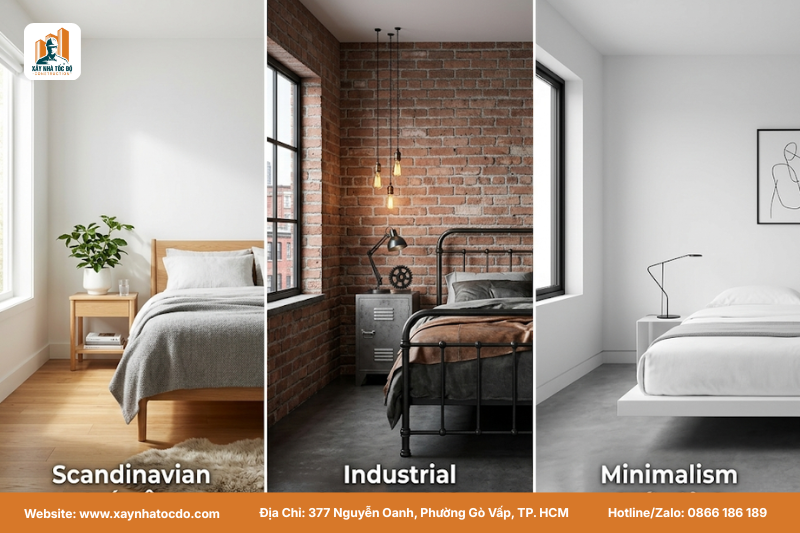 Các phong cách thiết kế như Scandinavian, Industrial giúp tạo ra một không gian có gu độc đáo.