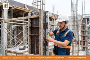 Kỹ sư Xây Nhà Tốc Độ đang giám sát công tác đổ bê tông cột trong quá trình thi công nhà phố.