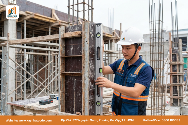 Kỹ sư Xây Nhà Tốc Độ đang giám sát công tác đổ bê tông cột trong quá trình thi công nhà phố.
