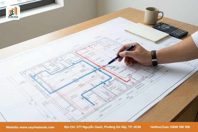 Bản vẽ hoàn công hệ thống điện nước âm tường trong quá trình thi công nhà phố chuyên nghiệp.