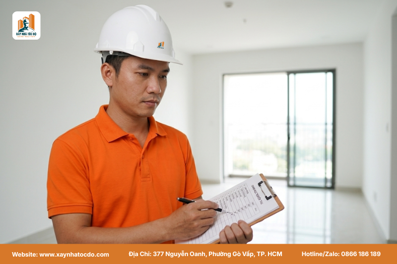 Kỹ sư Xây Nhà Tốc Độ sử dụng checklist nghiệm thu công trình để kiểm soát chất lượng xây dựng.
