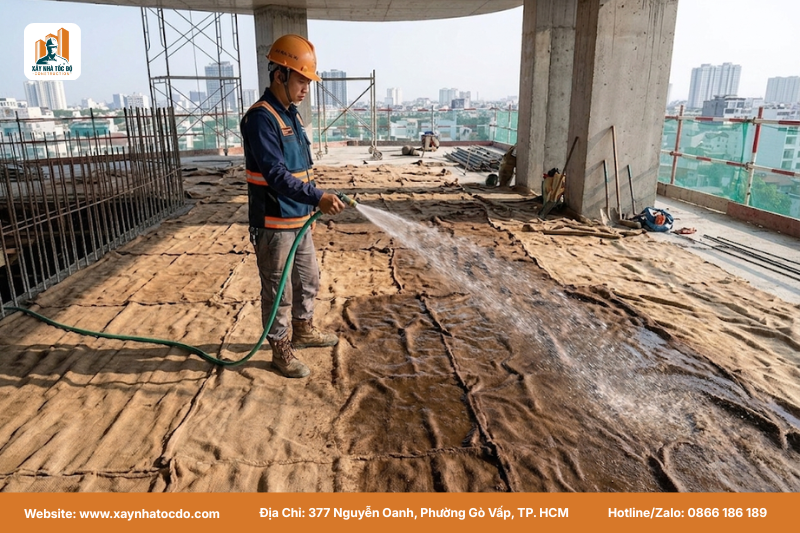 Cách bảo dưỡng bê tông đúng cách bằng phương pháp phủ bao tải ướt giữ ẩm liên tục.