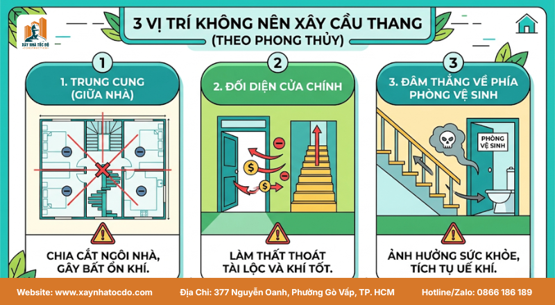 Sơ đồ các vị trí cấm kỵ cần tránh khi bố trí phong thủy cầu thang trong nhà ở, bao gồm đối diện cửa chính và trung cung.