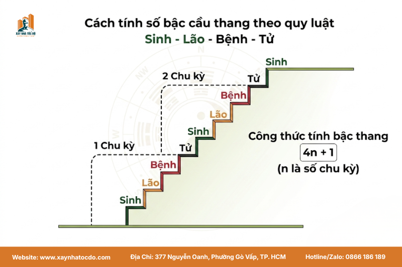 Infographic minh họa cách tính số bậc cầu thang theo phong thủy với quy luật Sinh - Lão - Bệnh - Tử.