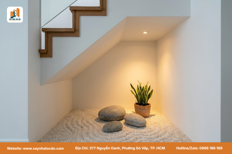 Hình ảnh gầm cầu thang được thiết kế thành tiểu cảnh khô sạch đẹp, một cách hóa giải phong thủy cầu thang xấu hiệu quả.