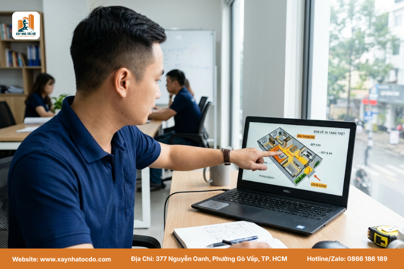 Bản vẽ 3D thể hiện cách bố trí phong thủy cầu thang, né các vị trí xung sát và đảm bảo lối thoát hiểm PCCC.