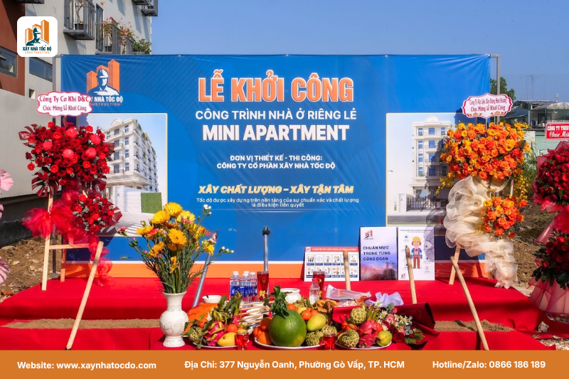 Mâm cúng trong lễ khởi công căn hộ dịch vụ tại Võ Văn Hát Quận 9, cầu chúc khởi đầu thuận lợi.