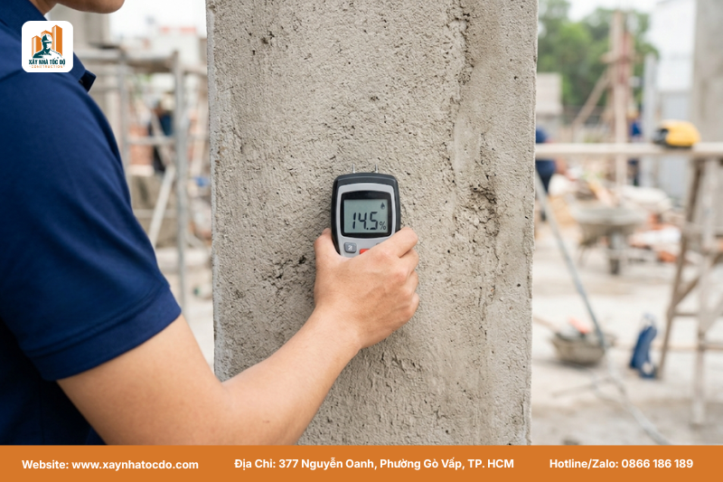 Quy trình nghiệm thu sơn nước: Kỹ sư dùng máy đo độ ẩm tường, một bước quan trọng trong quy trình thi công sơn nước.