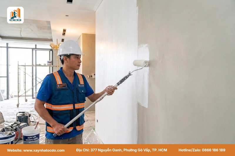 Thi công sơn lót là bước không thể thiếu trongquy trình nghiệm thu sơn nước chuyên nghiệp.