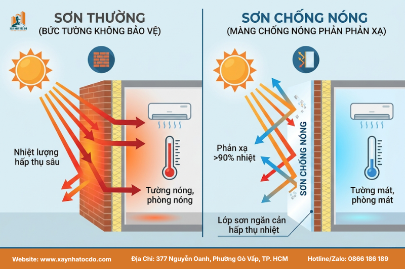 Sơ đồ minh họa cơ chế hoạt động của sơn ngoại thất bền có tính năng chống nóng, phản xạ tia UV hiệu quả.