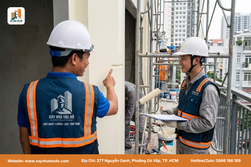 Đội ngũ kỹ sư Xây Nhà Tốc Độ đang giám sát quy trình thi công sơn ngoại thất bền cho khách hàng.