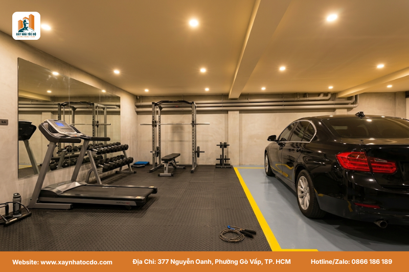 Tận dụng không gian sau khi xây hầm để xe làm phòng gym cá nhân hiện đại.