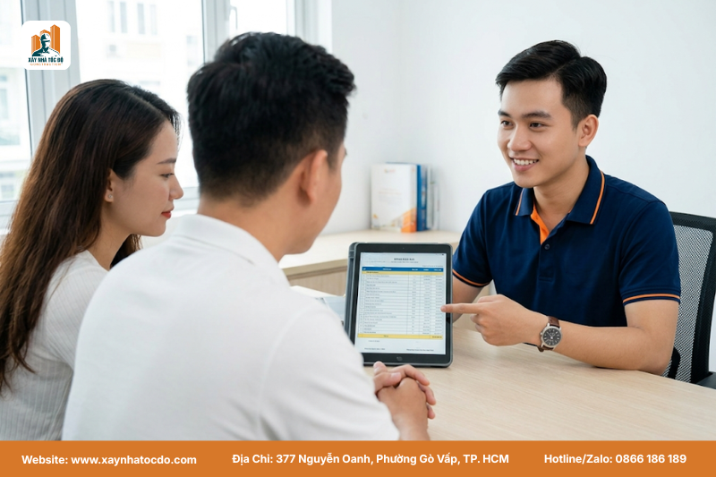 Kỹ sư Xây Nhà Tốc Độ tư vấn chi phí minh bạch khi xây hầm để xe cho gia chủ.