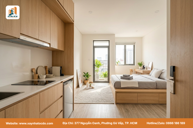 Xu hướng căn hộ dịch vụ với phòng studio tối ưu công năng cho người độc thân, do Xây Nhà Tốc Độ thi công.