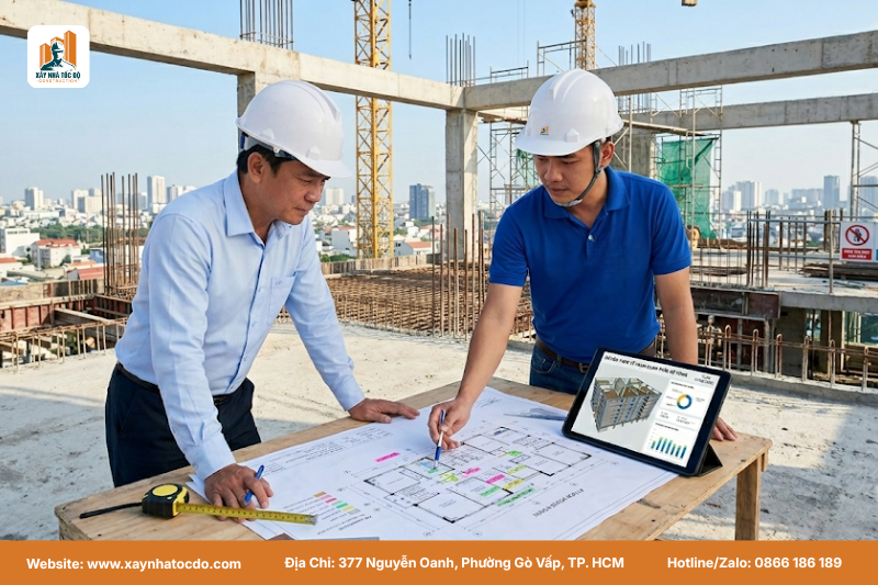 Đội ngũ kỹ sư Xây Nhà Tốc Độ đang tư vấn cho chủ đầu tư về xu hướng căn hộ dịch vụ hiệu quả.