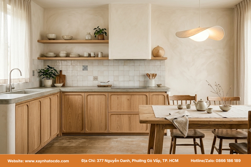 Thiết kế nội thất nhà phố phong cách Wabi Sabi cho khu vực bếp ăn ấm cúng.