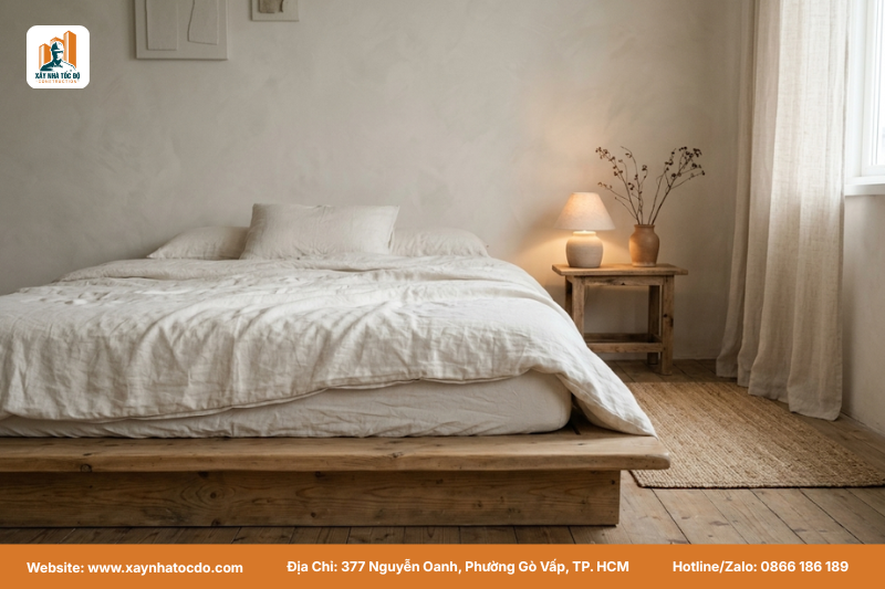 Phòng ngủ tối giản theo nội thất nhà phố phong cách Wabi Sabi.
