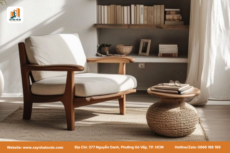Góc đọc sách yên tĩnh với nội thất nhà phố phong cách Wabi Sabi.