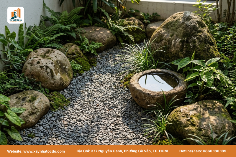 Sân vườn và hồ bơi mang đậm dấu ấn nội thất nhà phố phong cách Wabi Sabi.