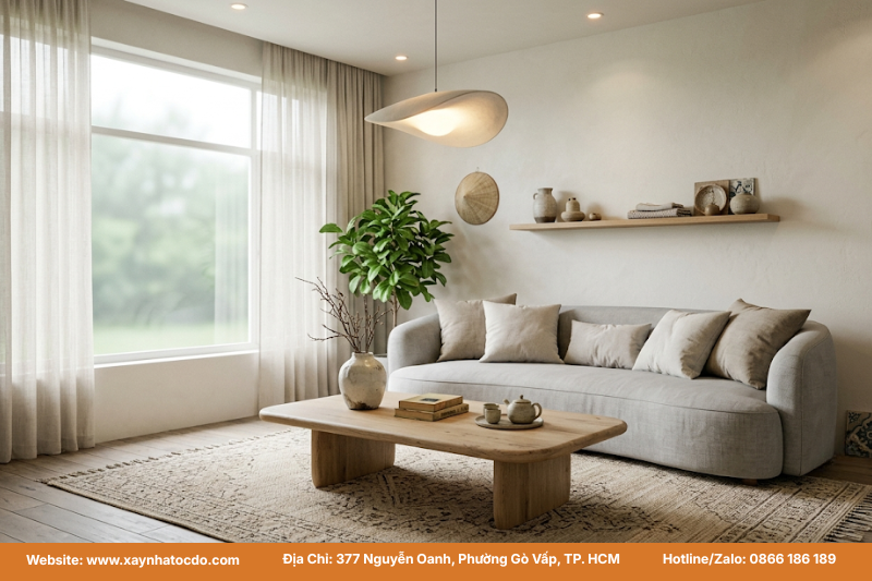 Nội thất nhà phố phong cách Wabi Sabi cho phòng khách với sofa vải bố màu be và bàn trà gỗ mộc.
