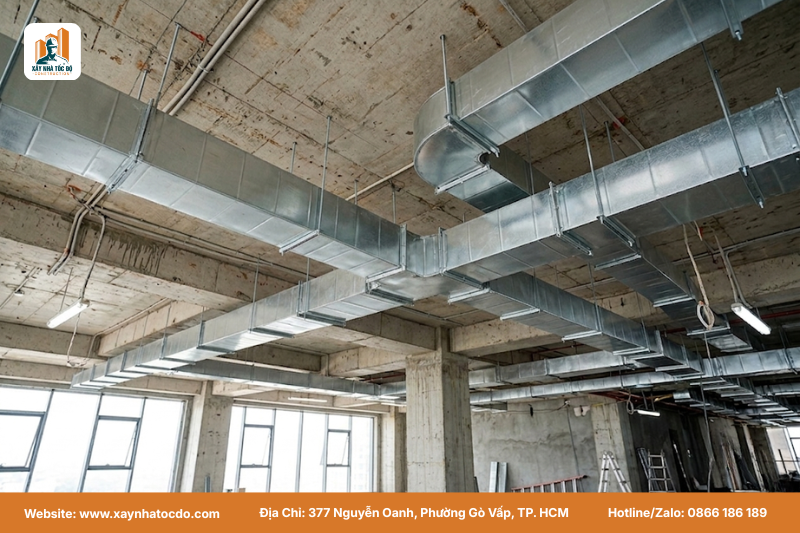 Thi công hệ thống M&E cho tòa nhà với các đường ống thông gió HVAC được lắp đặt chuyên nghiệp, giải thích rõ hệ thống M&E là gì.